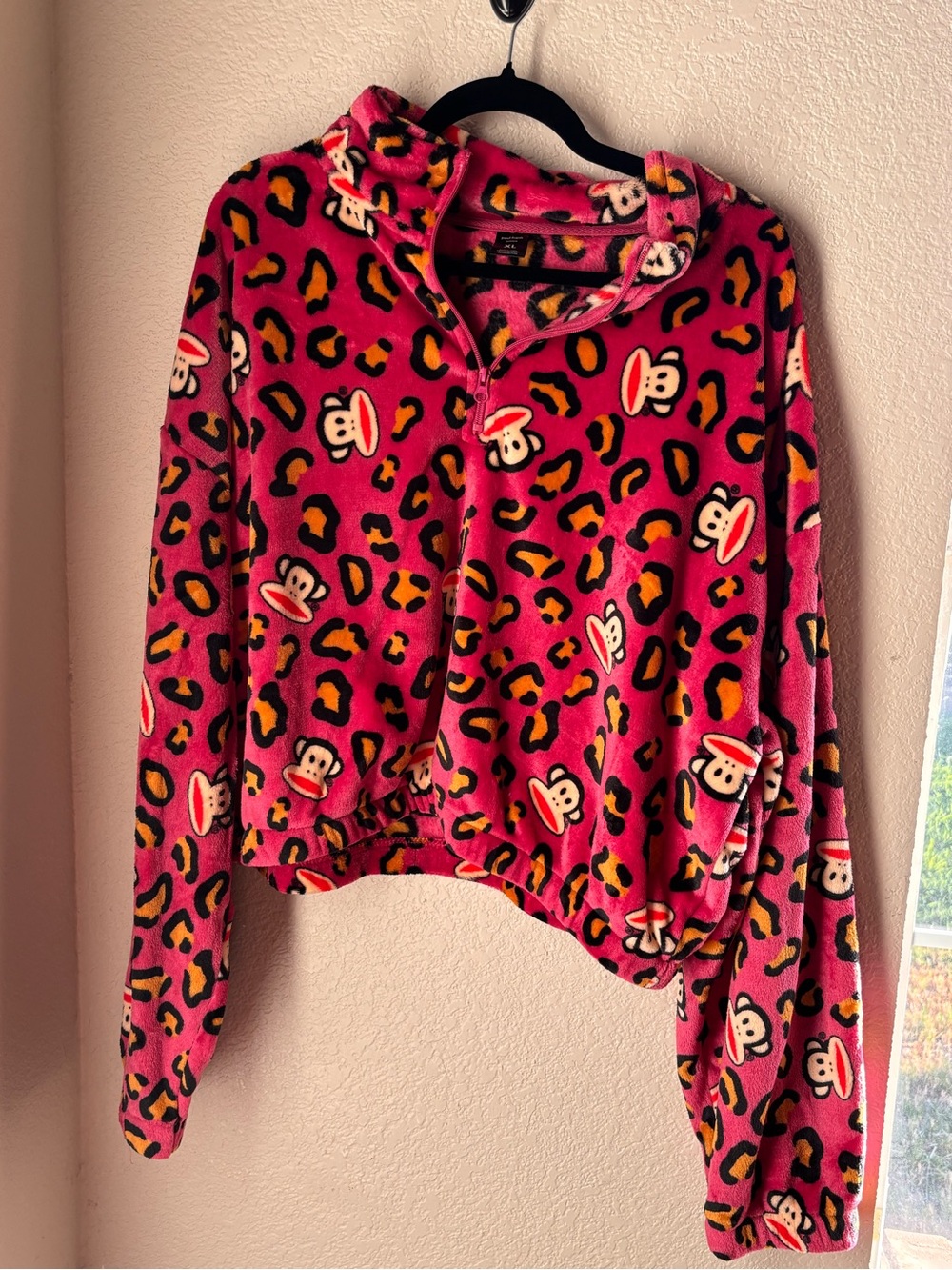 Paul Frank Hot  Pink Monkey Print velour Fleece Pullover juniors